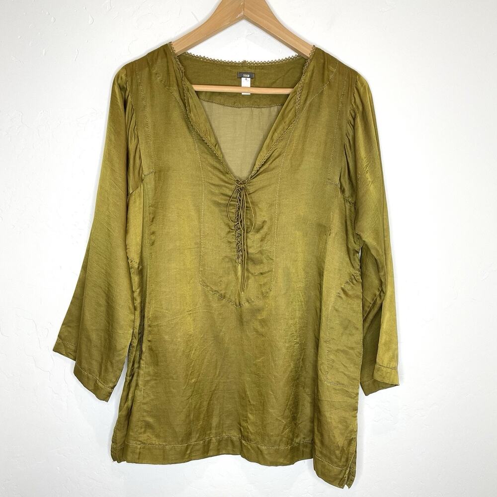 Dosa Silk Blend Tunic Top Long Sleeve Lace Up Womens 4 Green